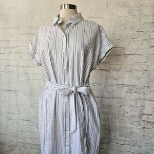 NWOT Ann Taylor Factory Button Front Cotton White Blue Stripe Shirtdress Large